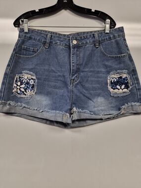 Women’s Distressed Blue Denim Shorts with Floral Patch Size XL